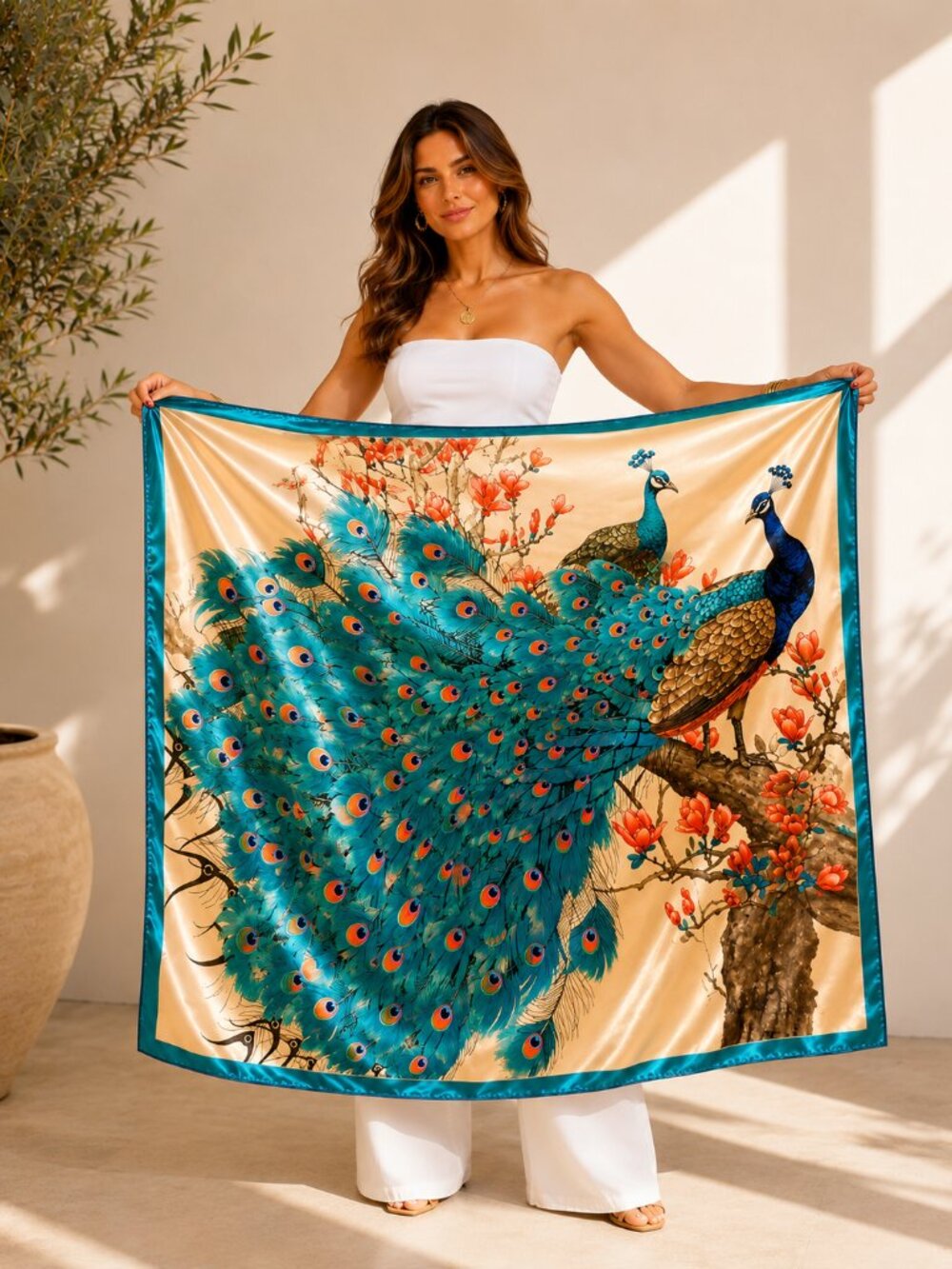 Blue Peacock Satin Scarf Large Square 36x35 Turquoise Border Elegant Wrap